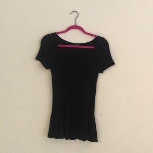 Long Black Peplum Ribbed Short Sleeved Shirt